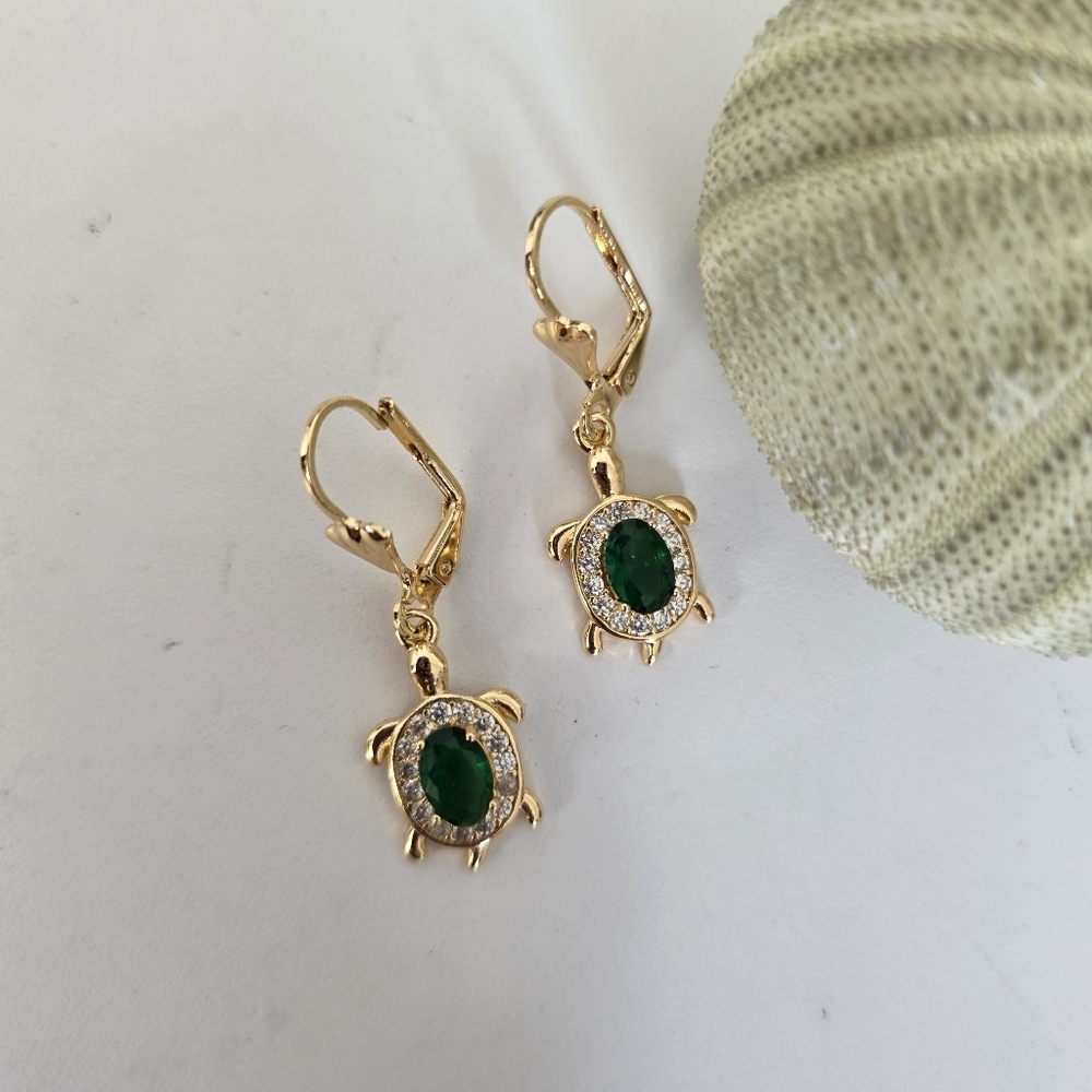 Gold Filled CZ Emrald Green Turtle Drop Earrings